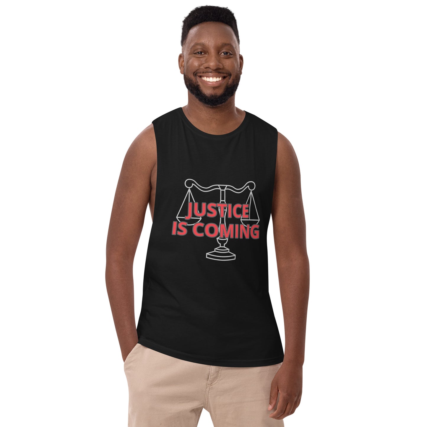 JUSTICE IS COMING Men’s drop arm tank top