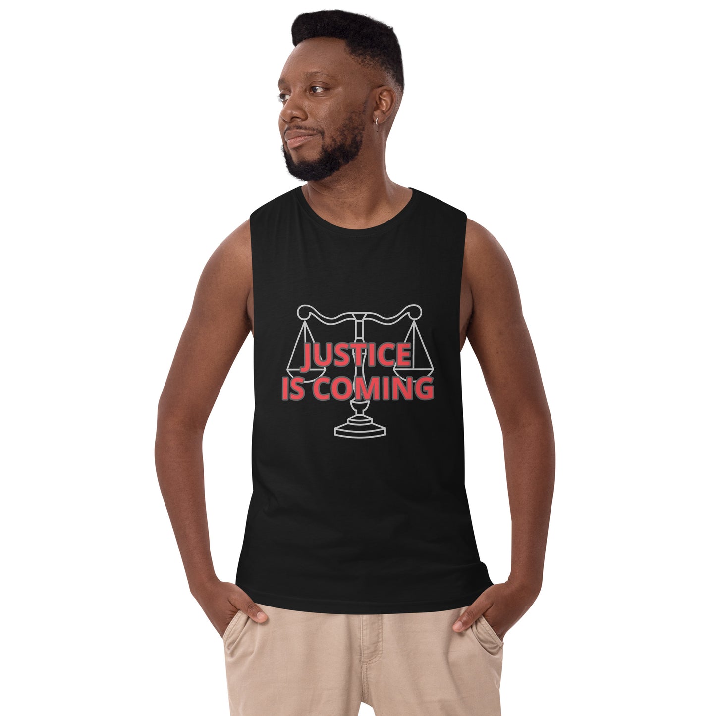 JUSTICE IS COMING Men’s drop arm tank top