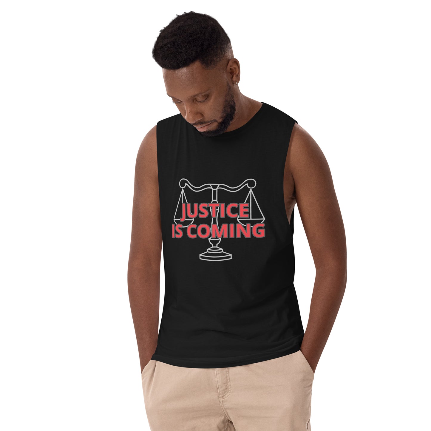 JUSTICE IS COMING Men’s drop arm tank top