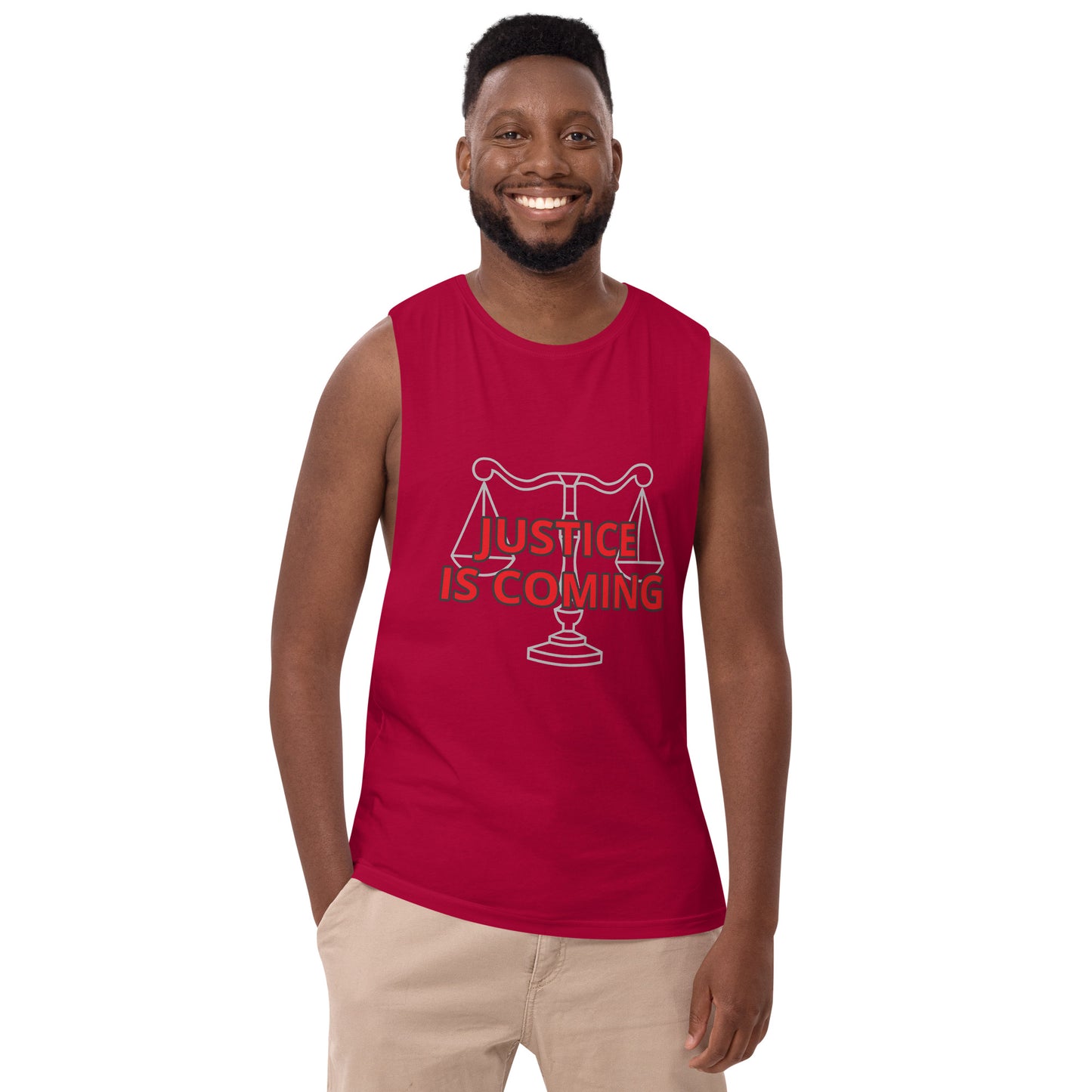 JUSTICE IS COMING Men’s drop arm tank top