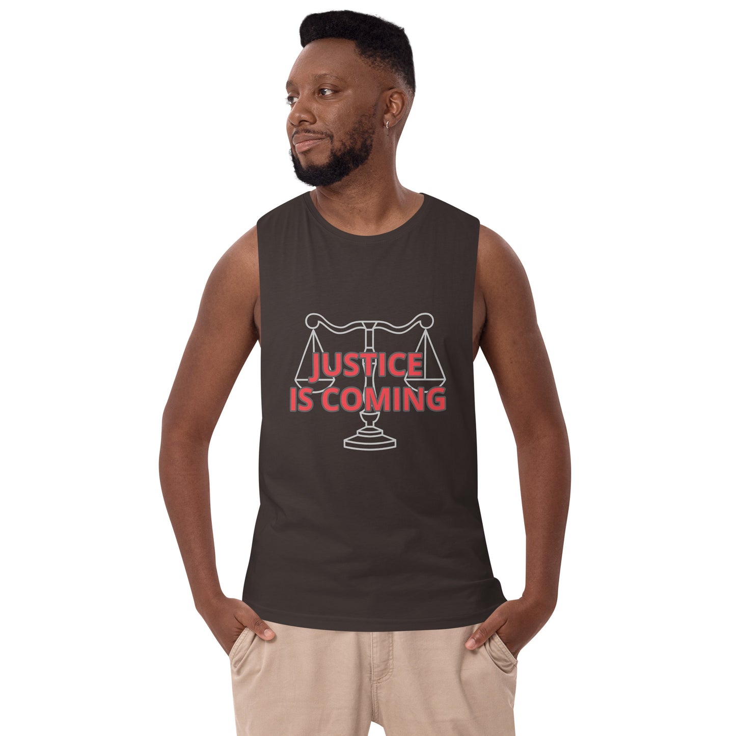 JUSTICE IS COMING Men’s drop arm tank top