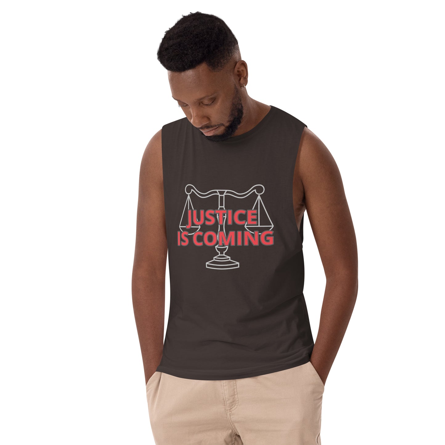 JUSTICE IS COMING Men’s drop arm tank top