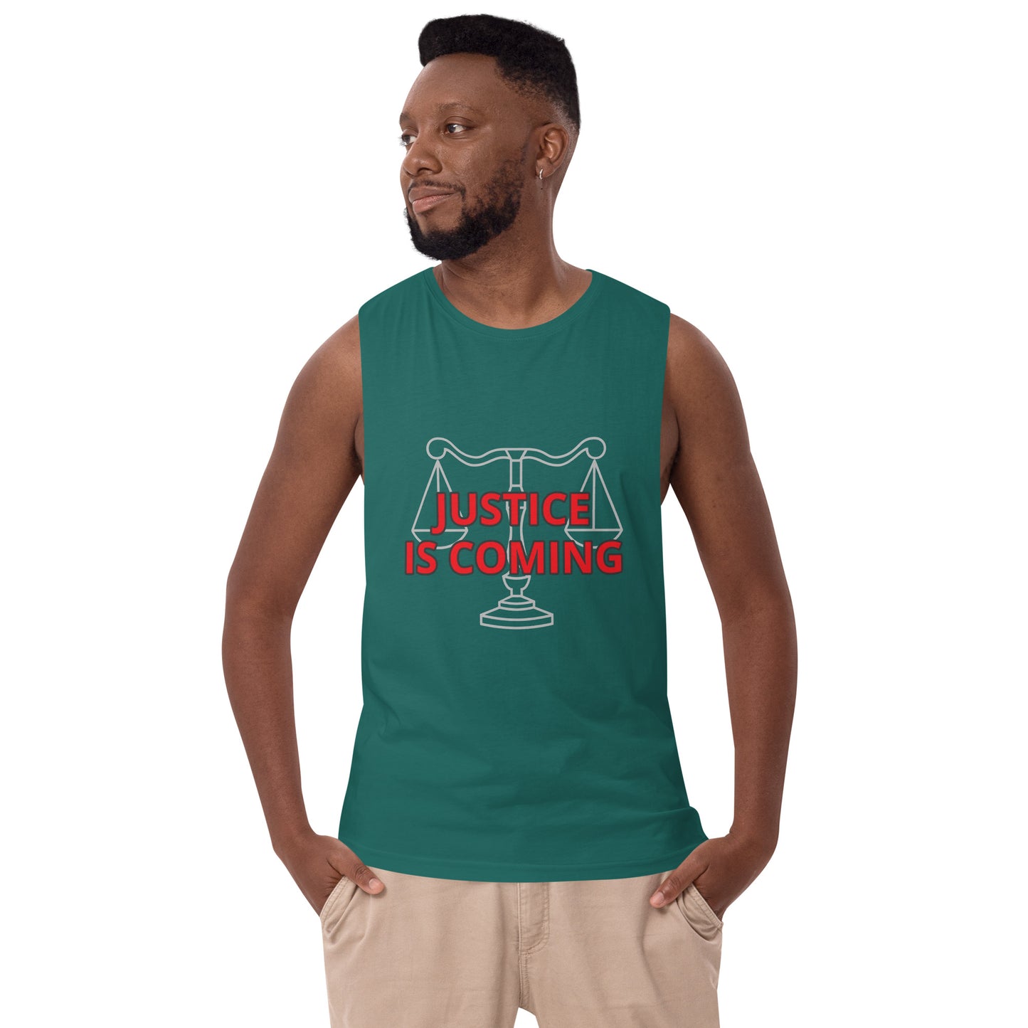 JUSTICE IS COMING Men’s drop arm tank top