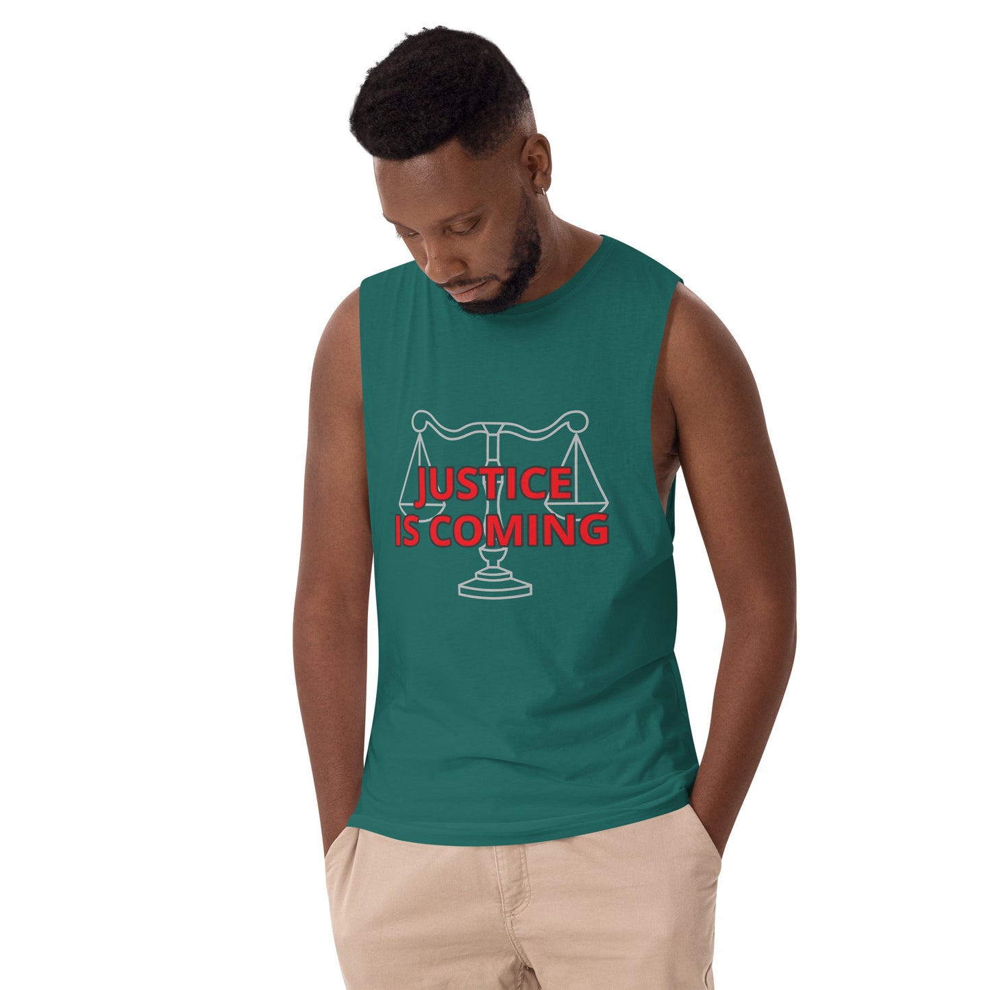 JUSTICE IS COMING Men’s drop arm tank top