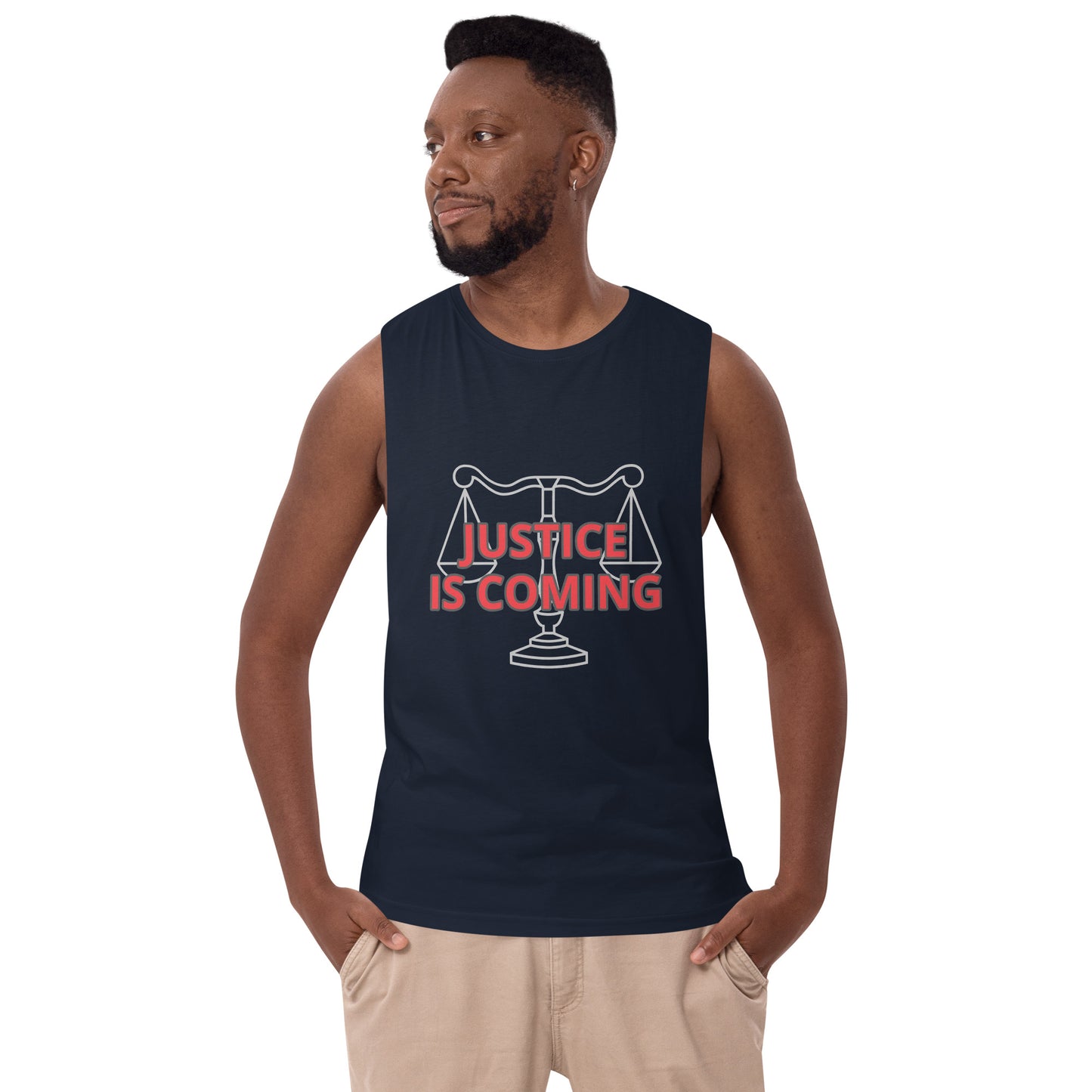 JUSTICE IS COMING Men’s drop arm tank top