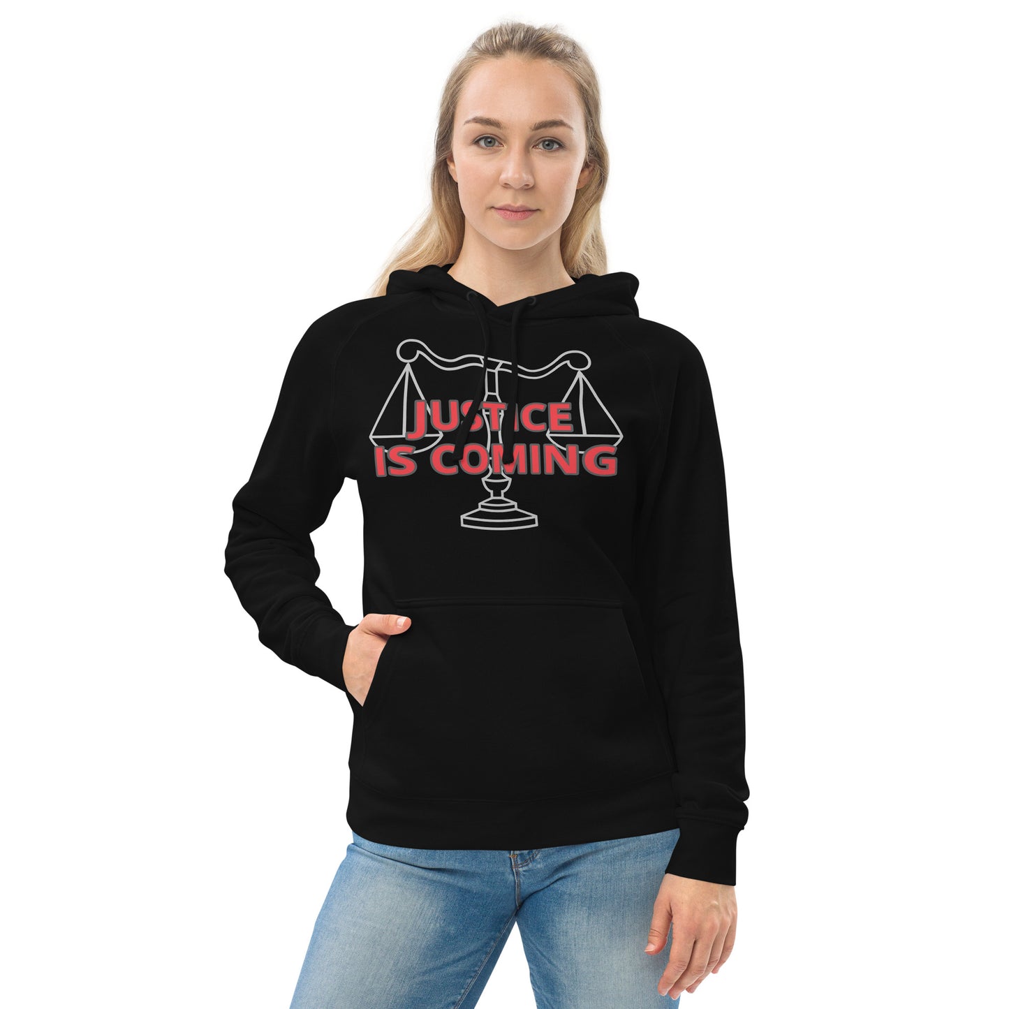 JUSTICE IS COMING Unisex kangaroo pocket hoodie